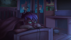 Size: 3840x2160 | Tagged: safe, artist:starblaze25, oc, oc only, oc:playthrough, pony, bed, bedroom, commission, gaming, glasses, high res, male, mirror, night, poster, room, sleepy, solo, stallion, video game