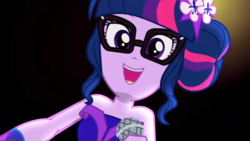 Size: 1280x720 | Tagged: safe, screencap, sci-twi, twilight sparkle, equestria girls, g4, my little pony equestria girls: legend of everfree, crystal gala, crystal gala dress, cute, female, looking at you, microphone, solo, twiabetes