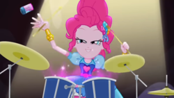 Size: 1280x720 | Tagged: safe, screencap, pinkie pie, equestria girls, g4, my little pony equestria girls: legend of everfree, crystal gala, cymbals, drum kit, drum set, drums, faic, female, glitter, hi-hat, looking at you, musical instrument, solo