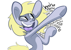 Size: 1237x873 | Tagged: safe, artist:extradan, derpy hooves, oc, oc:jerky hooves, pegasus, pony, g4, armpits, laughing, pointing, simple background, solo, white background, wingless