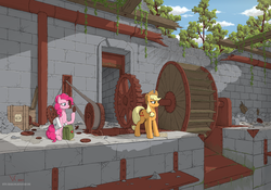 Size: 3000x2100 | Tagged: safe, artist:eriada, applejack, pinkie pie, earth pony, pony, g4, abandoned, cowboy hat, duo, female, gears, hat, high res, looking at something, mare, mechanism, saddle bag, scenery, stetson, watermill