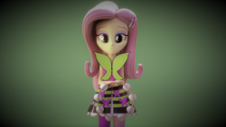 Size: 3840x2160 | Tagged: safe, artist:efk-san, fluttershy, butterfly, equestria girls, g4, my little pony equestria girls: rainbow rocks, 3d, bedroom eyes, blender, clothes, female, gradient background, green background, high res, looking at you, musical instrument, rainbow rocks outfit, skirt, solo, tambourine, wallpaper