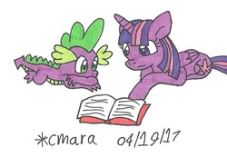 Size: 882x612 | Tagged: safe, artist:cmara, spike, twilight sparkle, alicorn, dragon, pony, g4, traditional art, twilight sparkle (alicorn)