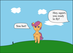 Size: 1415x1024 | Tagged: safe, artist:planetkiller, scootaloo, pegasus, pony, g4, chest fluff, implied rainbow dash, looking at you, offscreen character
