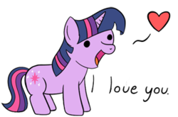 Size: 292x193 | Tagged: safe, artist:mr-1, edit, twilight sparkle, pony, unicorn, g4, dialogue, female, heart, i love you, mare, open mouth, smiling, solo