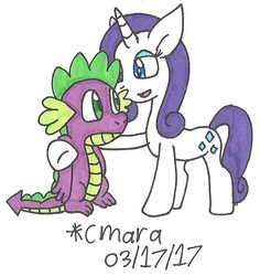 Size: 678x717 | Tagged: safe, artist:cmara, rarity, spike, dragon, g4, hoof on shoulder, looking at each other, simple background, traditional art, white background