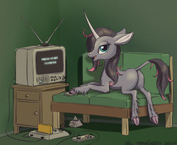 Size: 1095x900 | Tagged: safe, artist:el-yeguero, oleander (tfh), classical unicorn, pony, unicorn, them's fightin' herds, butt, cloven hooves, community related, console, controller, couch, female, game console, hooves, horn, leonine tail, looking at you, looking back, looking back at you, lying down, oleanderriere, plot, prone, signature, solo, television, underhoof, unshorn fetlocks, video game