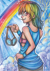 Size: 707x1000 | Tagged: safe, artist:holy-yume, rainbow dash, human, g4, bandaid, bandaid on nose, clothes, female, goggles, grin, humanized, looking back, rainbow, smiling, solo, sports bra, sweatband, tank top, toothpick, traditional art