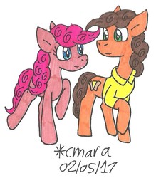 Size: 705x805 | Tagged: safe, artist:cmara, cheese sandwich, pinkie pie, earth pony, pony, g4, female, male, mare, stallion, traditional art