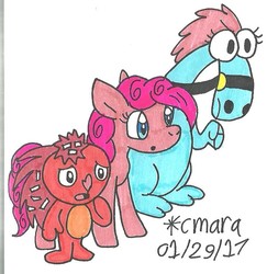 Size: 744x767 | Tagged: safe, artist:cmara, pinkie pie, zbornak, g4, crossover, flaky, happy tree friends, sylvia (wander over yonder), traditional art, wander over yonder