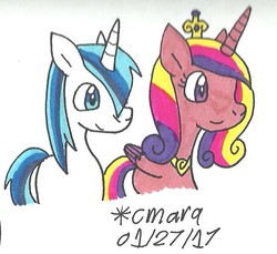 Size: 667x612 | Tagged: safe, artist:cmara, princess cadance, shining armor, g4, female, male, ship:shiningcadance, shipping, straight, traditional art