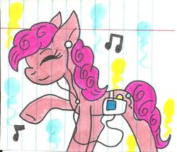 Size: 678x584 | Tagged: safe, artist:cmara, pinkie pie, g4, commission, earbuds, female, ipod, lined paper, solo, traditional art