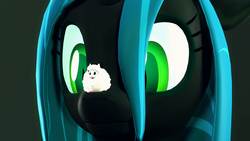 Size: 1920x1080 | Tagged: safe, artist:flushthebatsanta, queen chrysalis, oc, oc:fluffle puff, changeling, changeling queen, pony, g4, 3d, cute, cutealis, duo, duo female, female, flufflebetes, giantess, macro, micro, shrunk, source filmmaker