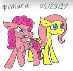 Size: 678x662 | Tagged: safe, artist:cmara, fluttershy, pinkie pie, g4, andrea libman, traditional art, voice actor joke