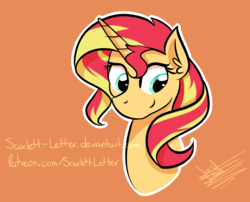 Size: 2813x2268 | Tagged: safe, artist:scarlett-letter, sunset shimmer, pony, unicorn, g4, bust, female, high res, orange background, simple background, solo