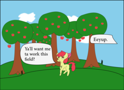 Size: 1468x1063 | Tagged: safe, artist:planetkiller, apple bloom, earth pony, pony, g4, accent, apple, apple tree, cloud, eeyup, female, filly, food, implied big macintosh, looking at you, offscreen character, raised hoof, sweet apple acres, text, tree, y'all