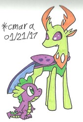 Size: 623x921 | Tagged: safe, artist:cmara, spike, thorax, changedling, changeling, dragon, g4, king thorax, traditional art