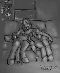 Size: 1280x1536 | Tagged: safe, artist:krd, oc, oc only, oc:clipped wings, oc:tight fit, earth pony, pegasus, anthro, 2015, christmas, couch, couple, cuddling, duo, female, holiday, male, monochrome, piercing