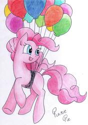 Size: 2358x3343 | Tagged: safe, artist:coffytacotuesday, pinkie pie, earth pony, pony, g4, balloon, female, floating, high res, solo, then watch her balloons lift her up to the sky, traditional art