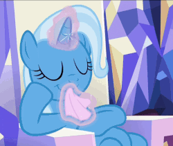 Size: 534x450 | Tagged: safe, screencap, trixie, pony, unicorn, all bottled up, g4, season 7, animated, belly, cropped, cute, diatrixes, female, gif, glowing horn, horn, littering, magic, mare, napkin, solo, telekinesis, the floor is my trashcan