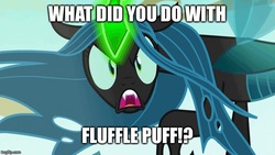 Size: 710x400 | Tagged: safe, edit, edited screencap, screencap, queen chrysalis, oc, oc:fluffle puff, changeling, changeling queen, g4, to where and back again, angry, female, former queen chrysalis, glowing horn, horn, image macro, implied fluffle puff, meme, solo