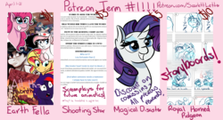 Size: 5000x2700 | Tagged: safe, artist:scarlett-letter, nurse redheart, pinkie pie, rarity, sunset shimmer, oc, oc:purplethink, pony, g4, high res, patreon, patreon preview, patreon reward, screenplay, storyboard