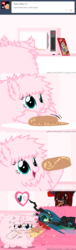 Size: 650x2125 | Tagged: safe, artist:mixermike622, queen chrysalis, oc, oc:fluffle puff, oc:marksaline, changeling, pony, tumblr:ask fluffle puff, g4, ask, burrito, comic, couch, food, messy, microwave, mouth hold, pizza, tumblr