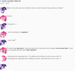 Size: 836x793 | Tagged: safe, artist:dziadek1990, pinkie pie, twilight sparkle, g4, bagpipes, bard, chocolate, chocolate milk, conversation, description is relevant, dialogue, dungeons and dragons, emote story, emote story:ponies and d&d, emotes, fantasy class, loot, milk, reddit, rpg, slice of life, song, tabletop game, text
