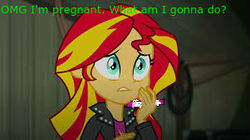 Size: 301x168 | Tagged: safe, edit, edited screencap, screencap, sunset shimmer, comic:a new change, equestria girls, g4, my little pony equestria girls: rainbow rocks, bad edit, fanfic, female, implied teen pregnancy, picture for breezies, pregnancy test, solo, worried