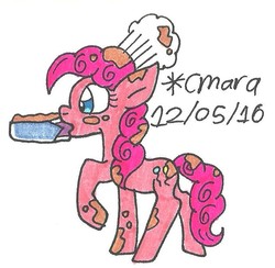 Size: 683x667 | Tagged: safe, artist:cmara, pinkie pie, earth pony, pony, g4, chef's hat, female, food, hat, mouth hold, pie, solo, traditional art