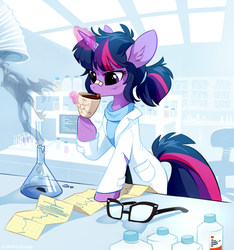 Size: 920x982 | Tagged: safe, artist:tomatocoup, sci-twi, twilight sparkle, pony, unicorn, equestria girls, bandage, bipedal, bipedal leaning, caffeine, chemistry, clothes, coffee, cup, cute, drinking, ear fluff, equestria girls ponified, female, glasses, glasses off, glowing horn, lab coat, laboratory, leaning, licking, magic, mare, messy mane, molecule, ponified, ponified humanized pony, science, smoke, solo, telekinesis, tongue out, transformation, twiabetes, unicorn sci-twi, unicorn twilight
