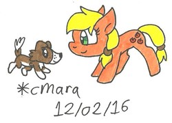 Size: 733x529 | Tagged: safe, artist:cmara, applejack, winona, dog, g4, female, filly, filly applejack, puppy, traditional art, younger
