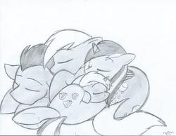 Size: 2186x1699 | Tagged: safe, artist:kerorolover16, amethyst star, derpy hooves, dinky hooves, doctor whooves, sparkler, time turner, pegasus, pony, g4, cuddle puddle, cuddling, female, grayscale, male, mare, monochrome, pony pile, ship:doctorderpy, shipping, sleeping, straight, traditional art