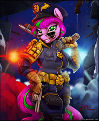 Size: 600x735 | Tagged: safe, artist:eztp, oc, oc only, oc:jepordy, anthro, anthro oc, clothes, commission, female, green eyes, grin, gun, judge dredd, mare, smiling, solo, sunglasses, watermark, weapon, ych result