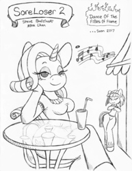 Size: 849x1100 | Tagged: safe, artist:circe, artist:steve budzinski, blue nile, rarity, anthro, unguligrade anthro, comic:soreloser, g4, monochrome, teaser