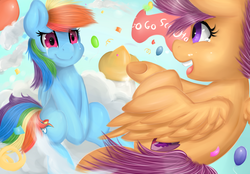 Size: 2300x1600 | Tagged: safe, artist:moondreamer16, rainbow dash, scootaloo, pony, g4, balloon, cloud, confetti, crying, scootaloo can fly, scootalove, tears of joy