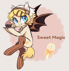 Size: 3312x3436 | Tagged: safe, artist:hawthornss, oc, oc only, oc:sweet magic, bat pony, pony, choker, clothes, cupcake, cute, cute little fangs, ear fluff, fangs, food, hairpin, high res, looking at you, socks, solo, striped socks