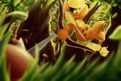 Size: 1990x1330 | Tagged: safe, artist:moondreamer16, applejack, earth pony, pony, g4, apple, archery, arrow, bow (weapon), bow and arrow, female, food, forest, solo, weapon