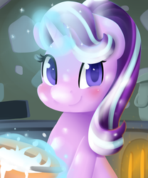 Size: 2000x2400 | Tagged: safe, artist:moondreamer16, starlight glimmer, pony, unicorn, g4, baking, bowl, cute, female, flour, glimmerbetes, high res, looking at you, mare, smiling, solo