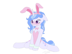 Size: 1024x768 | Tagged: safe, artist:novaintellus, oc, oc only, oc:melodia, pony, unicorn, blushing, both cutie marks, bowtie, bunny ears, bunny suit, clothes, cuffs (clothes), easter, holiday, playboy bunny, simple background, solo, transparent background