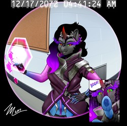 Size: 1280x1277 | Tagged: safe, artist:amaraburrger, king sombra, anthro, g4, boop, clothes, cosplay, costume, female, namesake, overwatch, queen umbra, rule 63, solo, sombra (overwatch)