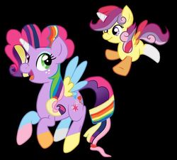 Size: 600x540 | Tagged: safe, artist:zoiby, apple bloom, applejack, fluttershy, pinkie pie, rainbow dash, rarity, scootaloo, sweetie belle, twilight sparkle, alicorn, pony, g4, appleflaritwidashpie, black background, cutie mark crusaders, fusion, heterochromia, mane six, misleading thumbnail, rainbow hair, simple background, the ultimate cutie mark crusader, twilight sparkle (alicorn), weird, what has science done