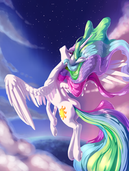 Size: 4500x6000 | Tagged: safe, artist:nadnerbd, princess celestia, alicorn, pony, g4, absurd resolution, beautiful, butt, cloud, color porn, female, flying, hooves, long mane, long tail, looking up, majestic, plot, slender, solo, spread wings, stars, sternocleidomastoid, sunlight, tail, thin, thin legs, twilight (astronomy), underhoof, wings
