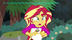 Size: 300x168 | Tagged: safe, edit, edited screencap, screencap, sunset shimmer, comic:a new change, equestria girls, g4, camp everfree, camp everfree outfits, fanfic, female, picture for breezies, pregnant, pregnant edit, solo, teen pregnancy