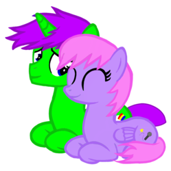 Size: 938x942 | Tagged: safe, artist:toyminator900, oc, oc only, oc:clever clop, oc:melody notes, pegasus, pony, unicorn, cuddling, female, male, shipping, straight