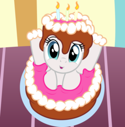 Size: 2540x2578 | Tagged: safe, artist:badumsquish, derpibooru exclusive, blossomforth, pony, g4, adoraforth, birthday cake, birthday candles, birthday present, cake, candle, contortionist, cute, female, flexible, food, foodplay, frontbend, grin, happy, high res, looking at you, messy, popping out of a cake, smiling, solo, table, that pony sure is flexible