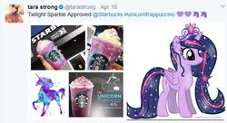 Size: 582x317 | Tagged: safe, twilight sparkle, alicorn, pony, g4, meta, starbucks, starry mane, tara strong, text, twilight sparkle (alicorn), twitter, unicorn frappuccino