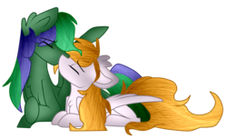 Size: 1600x977 | Tagged: safe, artist:tizhonolulu, oc, oc only, oc:brocc, oc:cookie byte, pony, couple, full body, kissing, request, requested art