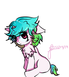 Size: 800x900 | Tagged: safe, artist:cysd16, oc, oc only, oc:aquamarine, pony, unicorn, chest fluff, ear fluff, female, filly, frown, horn, looking up, multicolored hair, multicolored mane, multicolored tail, pink coat, pink eyes, shy, simple background, sitting, small, small horn, solo, white background