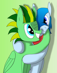 Size: 2010x2549 | Tagged: safe, artist:tacomytaco, oc, oc only, oc:taco.m.tacoson, pegasus, pony, bandana, belly button, cute, high res, hug, male, one eye closed, wings